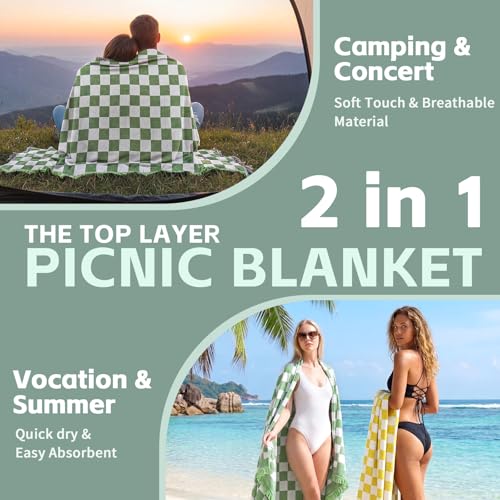 2 in 1 Extra Large Outdoor Rug Picnic Mat Woven Summer Throw Blanket Boho Giant Beach Travel Essential Yoga Accessories Park Patio Lawn Garden Grass Ground Play Music Festival Concert Must Have - color: Checkered Green