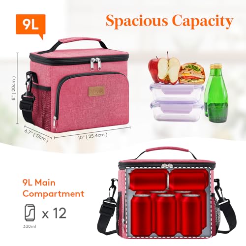 Lifewit Reusable Insulated Lunch Bag, Portable Cooler Freezable Soft Lunchbox Leakproof with Adjustable Shoulder Strap for Men Women Adult for Work Picnic or Travel, 9L 12 Can, Pink - color: Pink, size: Medium(9L)