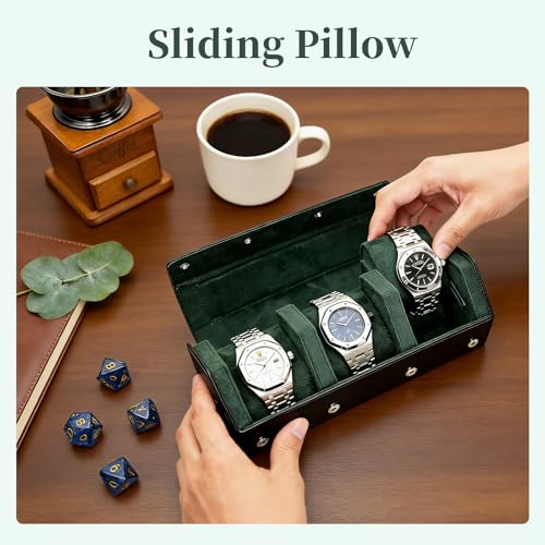 Leather Watch Roll for 3 Watches - Velvet-Lined Travel Case, Luxury Watch Rolls Organizer with Storage & Display for Men (3 Slot-Black Green) - color: 3 Slot-Black Green