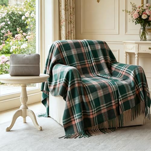 Soft Pure Wool Throw Blanket, Lightweight Warmth, 55"x83", Plaid, Fringe, Compact with Bag, Useful Gift for Women Men, All Season Decorative Cozy Travel Blanket for Couch Bed, Outdoors - color: Alpine Green, size: Standard (1.5 lbs)