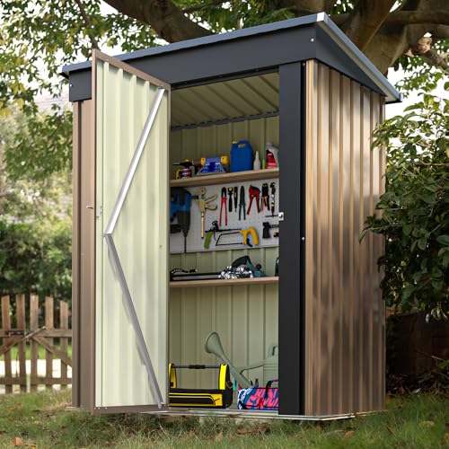 Devoko Outdoor Storage Shed 5 x 3 FT Lockable Metal Garden Shed Steel Anti-Corrosion Storage House with Single Lockable Door for Backyard Outdoor Patio (Brown) - color: Brown, size: 5x3 FT without Floor Frame