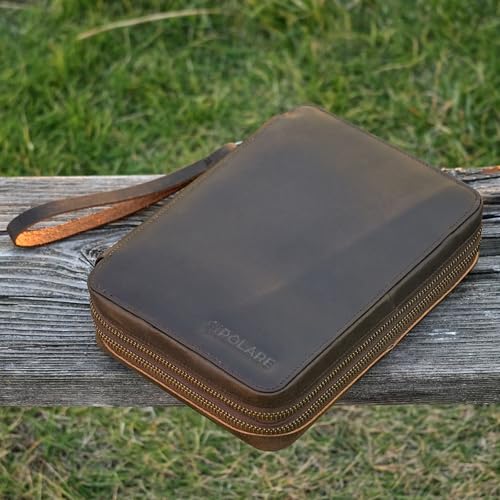 Polare Full Grain Leather Travel Cable Organizer Case Double Layer Electronics Accessories Carry Bag with YKK Zippers Tech Storage Bag for Cables, Power Bank, USB, SD Card