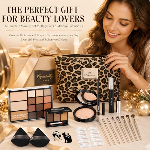 All-In-One Makeup Kit for Women, Full Face Makeup Set with 15-Shade Eyeshadow Palette(Highlighter, Contour), Baked Powder Foundation, Makeup Brushes, Leopard Print Cosmetic Bag&etc., Beginner Friendly - color: Leopard Set