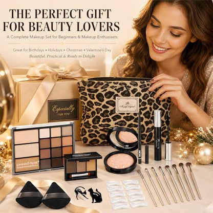 All-In-One Makeup Kit for Women, Full Face Makeup Set with 15-Shade Eyeshadow Palette(Highlighter, Contour), Baked Powder Foundation, Makeup Brushes, Leopard Print Cosmetic Bag&etc., Beginner Friendly - color: Leopard Set