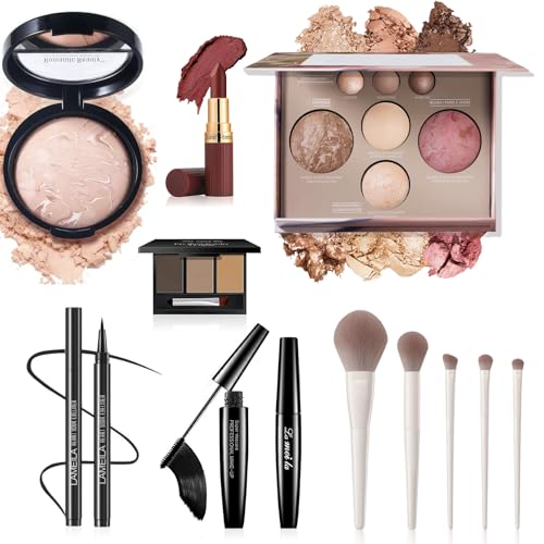 All-In-One Beginner Makeup Kit for Women - 7-Shade Baked Powder Palette, Brow Powder, Setting Powder, Matte Lipstick, Eyeliner, Mascara & 5 Brushes - Full Face Makeup Set for Daily Wear & Travel - color: 7-Baked