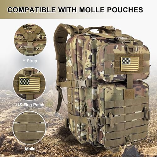 Hannibal Tactical MOLLE Assault Backpack, Tactical Backpack Military Army Camping Rucksack, 3-Day Pack Trip w/USA Flag Patch, D-Rings, Cp - color: Cp
