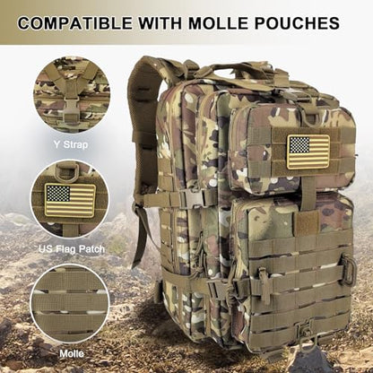 Hannibal Tactical MOLLE Assault Backpack, Tactical Backpack Military Army Camping Rucksack, 3-Day Pack Trip w/USA Flag Patch, D-Rings, Cp - color: Cp