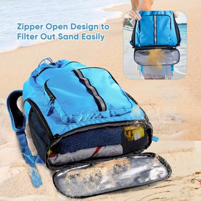 Large Beach Backpack Waterproof Sandproof - Customized Oversized Drawstring Pool Bag with Shoe Compartment for Toiletries, Towels, Gym, Travel - color: Blue