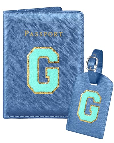 Slohif Passport Holder Initial Lugguage Tag Set Suitcase Cover Wallet Case for Travel Women - Leather Letter Passport Book Personalized Organizer Card Protector Sleeve Essentials Slim Carrier Blue G - color: Blue, style: G