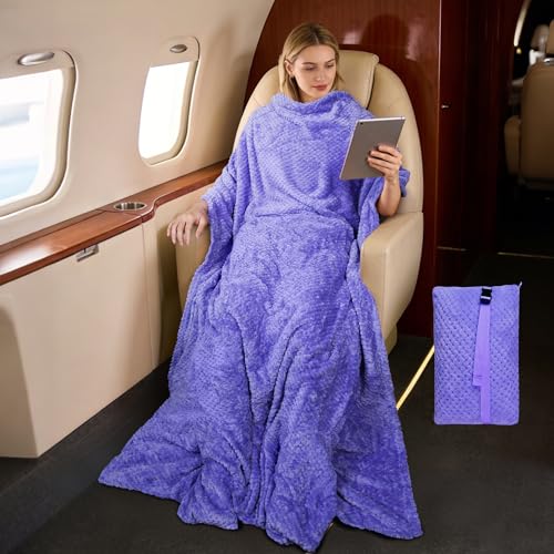 Tirrinia Travel Blanket and Pillow Set, Soft Compact Airplane Blanket with Foot Pockets, 4-in-1 Travel Essentials for Women Men, Portable Travel Gifts for Her, Travel Blanket for Airplanes, Cars - color: Purple Honeycomb