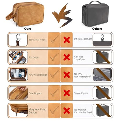 BAGSPRITE Large Toiletry Bag for Men, Women Travel Bag with Hanging Hook, Water-resistant Makeup Cosmetic Bag Shaving Kit Organizer, Bathroom Bag for Traveling - color: Brown