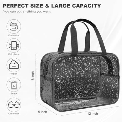 Clear Black Star Large Makeup Bag with Star Pattern 12x5x8 inch, Travel Cosmetic Bag with Handle, Durable PVC Material Washbag Zipper Opening Design for Makeup Travel Organizer or Gym Use - color: Black, style: Star