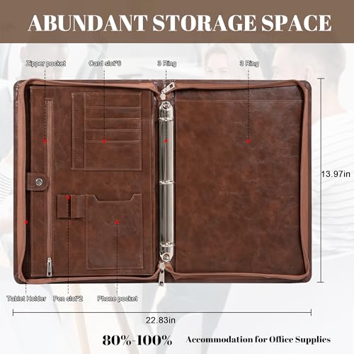 Professional 3-Ring Portfolio Organizer A4 Padfolio with Zipper, Premium PU Leather Business Planner Folder for Resume, Interview, Office, and Travel – Dark Brown - color: Brown