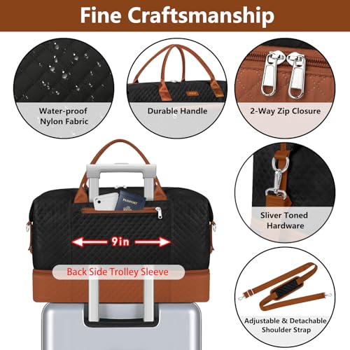 ITIEZY Weekender Overnight Bag for Women - Large Travel Duffel Bag with Shoe Compartment, Gym Duffel Bag Hospital Bag Carry On Tote Bags for Airplanes with Crossbody Bag Toiletry Bag 3Pcs Set - color: 9a-Black brown