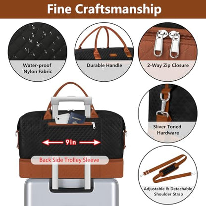 ITIEZY Weekender Overnight Bag for Women - Large Travel Duffel Bag with Shoe Compartment, Gym Duffel Bag Hospital Bag Carry On Tote Bags for Airplanes with Crossbody Bag Toiletry Bag 3Pcs Set - color: 9a-Black brown