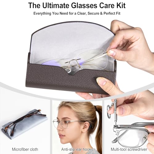RayLove Ultimate Glasses Case Kit, Hard Shell Sunglasses and Eyeglass Case with Cleaning Cloth, Screwdriver, Ear Hooks - style: 1pack,coffee
