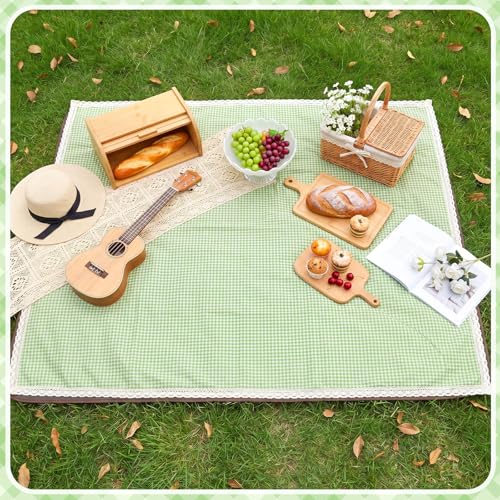 VitalCozy Waterproof Picnic Blankets 59 x 78in Outdoor Blanket Foldable 2 in 1 Double Layer Sandproof Beach Mat with Carry Strap for Camping Lawn Park Beach Grass (Green White) - color: Green White
