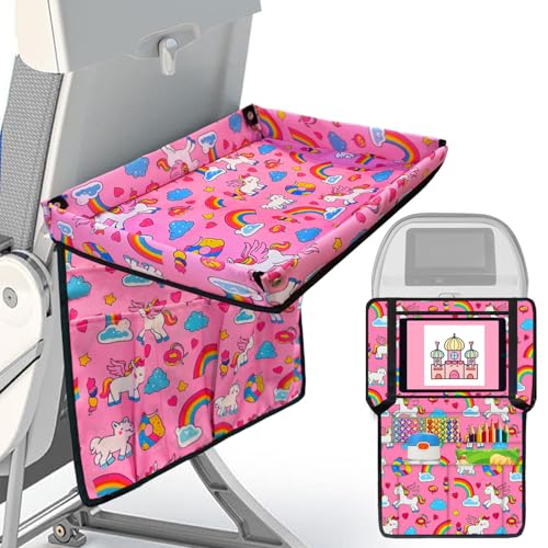 Adjustable Kids Tray Table Cover with Multi Portable Pockets, Airplane Travel Essentials for Kids, Toddlers, Adults, Airplane Must Haves, Plane Travel Essentials, Travel Tray for Plane Train, Horse - color: Pink Horse Rainbow
