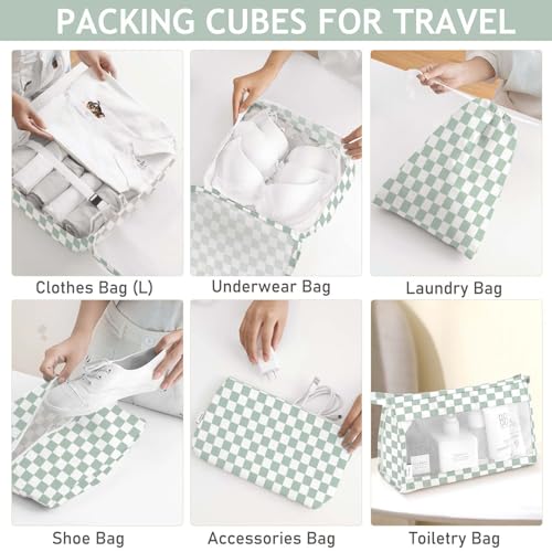 KPX 8 Set Packing Cubes for Travel, Luggage Packing Organizers Accessories Large Toiletries Bag for Clothes Shoes Cosmetics (8Set-Green Checkered) - color: 8Set-Green Checkered