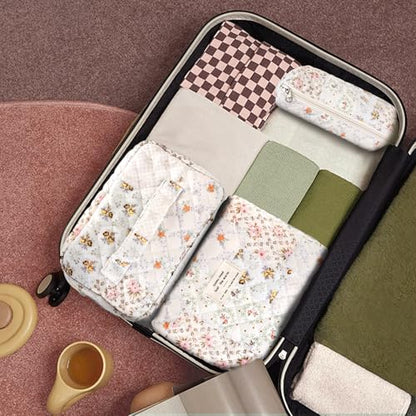 GISMTR 3Pcs Cotton Quilted Makeup Bag Large Travel Cosmetic Bag Coquette Makeup Pouch Cute Aesthetic Floral Toiletry Bag for Women Girls (flower-U) - color: flower-U