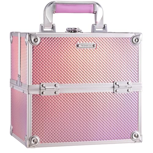 Frenessa Makeup Case Makeup Box Cosmetic Organizer Case Portable Make Up Artist Travel Case Storage Box 4 Trays with Dividers Lockable Hard Train Case Nail Tech Supply Storage Mermaid Pink - color: Pink
