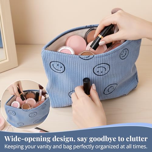 Smiley Face Makeup Bag - Cute Blue Corduroy Small Toiletry Bags for Women, Soft Mini Skincare Organizer, Small Zipper Pouch For Travel Use - color: Blue
