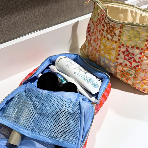 ban.do Large Toiletry Bag for Traveling, Spacious Suitcase Organizer for Makeup/Cosmetics with Pockets, Zippers, Quilted Exterior, Stripes