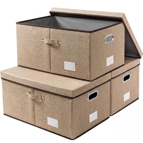 PRANDOM Storage Bins with Lids [3-Pack] Jute Fabric Foldable Storage Boxes Organizer Containers Baskets Cube with Cover for Home Bedroom Closet Office Nursery khaki（23.4X15.9X11.5 - color: Khaki, size: XL(3-Pack)