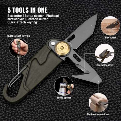 TACRAY Vinto 5-in-1 Small Pocket Knife – Ultra-Light Compact Multitool with Utility Knife, Seatbelt Cutter, Bottle Opener, Flathead Screwdriver & Keyring Attachment for Everyday Carry (Green) - color: Green