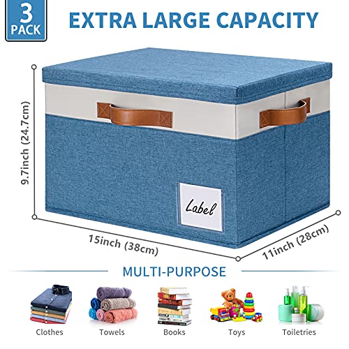 GhvyenntteS Fabric Storage Bins with Lids (3 Pack), Large Closet Storage Baskets with Lid and 3 PU Handles, Foldable Fabric Storage Boxes with Label Window for Home Office (Blue, 15" x 11" x 9.7") - color: Blue with White, size: Large-3 Pack