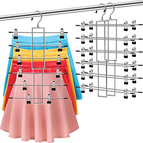 Closet Organizers and Storage, 6 Tier Storage and Organization Pants Hangers Space Saving, Metal Skirt Hangers with Adjustable Clip, 360° Swivel Hook, Dorm Room Essentials for College Students Girls - color: 2 Pack-silver