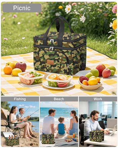 Rnivvi Lunch Box for Men, Double Decker Insulated Cooler Bag Lunch Bag Reusable Leakproof Tote Lunch Container with Strap for Work Family Picnic Camping, 18 Cans 12L, Large Adults, Green Camouflage - color: Green Camouflage