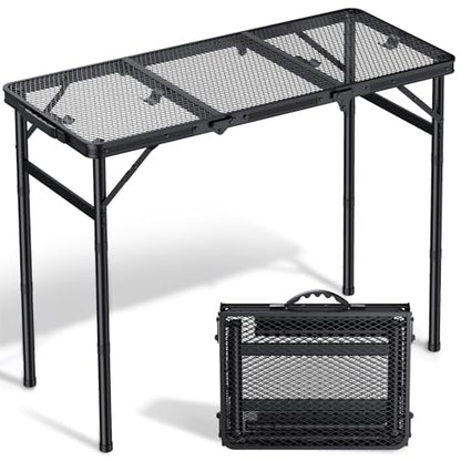 Folding Camping Table, 34.2" x 15.7" Picnic Table with 3 Adjustable Height Max 27.5", Matte Mesh Black Aluminum Folding Table with Handle for Party, Dining, Garden, Patio, Market - style: 3-Fold Mesh Tabletop