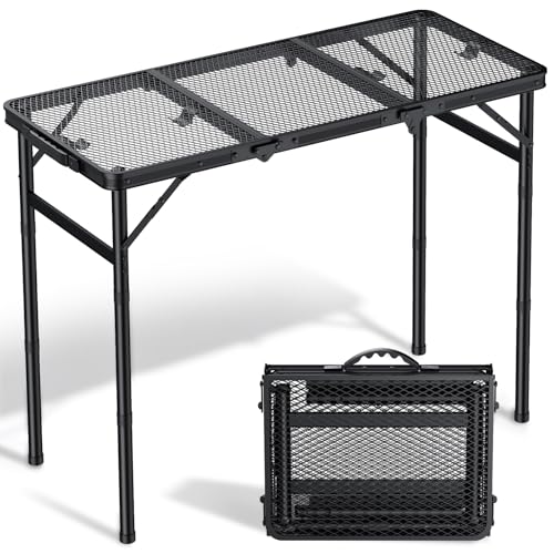 Folding Camping Table, 34.2" x 15.7" Picnic Table with 3 Adjustable Height Max 27.5", Matte Mesh Black Aluminum Folding Table with Handle for Party, Dining, Garden, Patio, Market - style: 3-Fold Mesh Tabletop