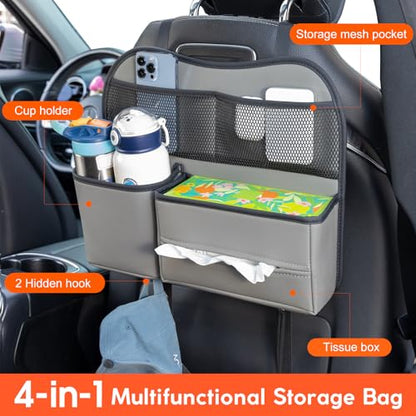 Leather Car Seat Back Organizer with Tissue Holder, Water Bottle Holder, Phone Holder for Road Trips. (Gray) - color: Gray