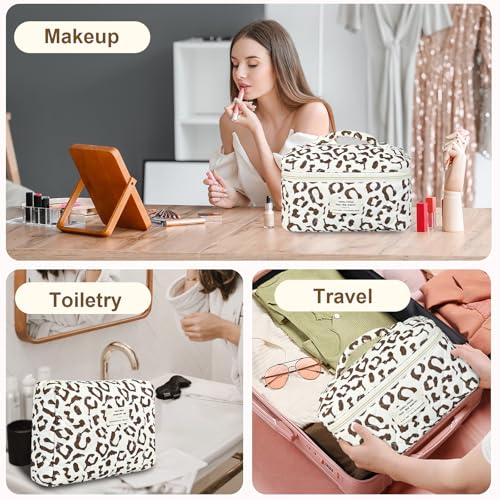 GISMTR 3Pcs Makeup Bag Cotton Quilted Travel Cosmetic Bag Cute Floral Makeup Pouch Large Toiletry Bag for Women Girls - color: Coffee leopard print