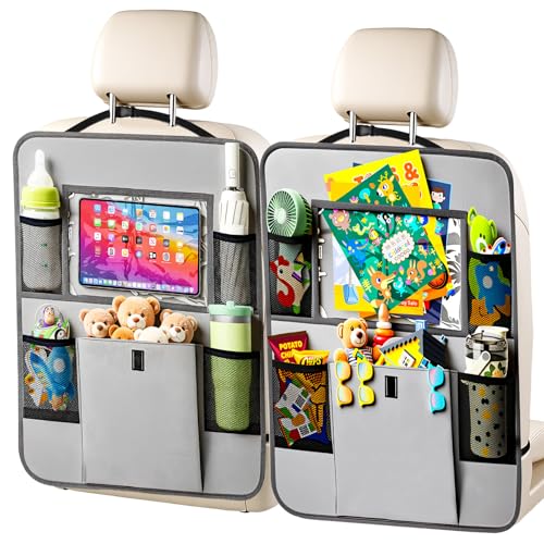 Car Backseat Organizer with Tablet Holder, 6 Storage Pockets Seat Back Protectors Kick Mats for Kids, Car Seat Protector for Road Trips 2 Pack (Grey) - color: Grey