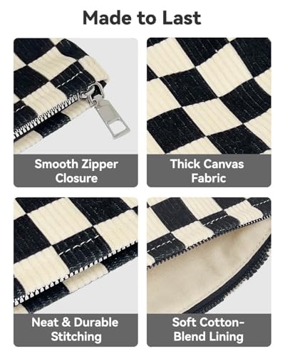 2 Pcs Checkered Makeup Bag Set Corduroy Cosmetic Pouch for Women Large & Small Cute Preppy Aesthetic Black And White Travel Toiletry Pouch Organizer for Purse Skincare Brushes - style: Checkered Black Corduroy