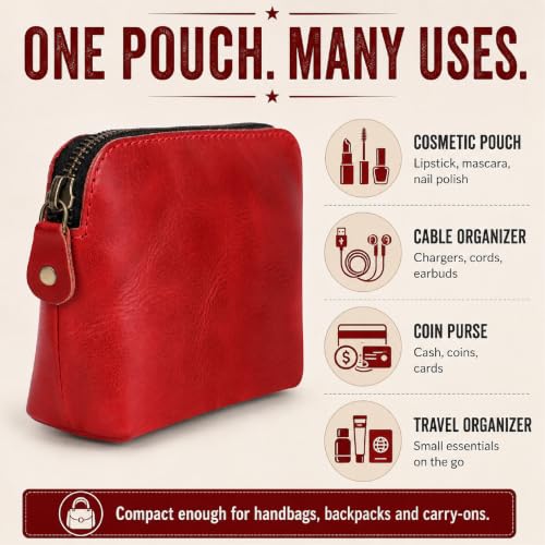 Full Grain Leather Cosmetic Bag – Zippered Makeup Pouch for Women, Small Travel Toiletry & Organizer Pouch for Purse, Premium Handmade Leather (5 × 4 × 2.5 in) - color: Red