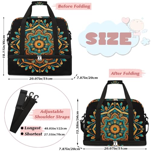 Travel Duffle Bags With Shoes Compartment for Women Men Mandala Flower Ethnic Boho Lightweigh Sports Tote Gym Bag Foldable Canvas Weekender Overnight Carry On Luggage Handle Bag - color: A06:print 1