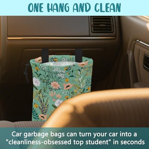 Car Garbage Bag Blooming Floral and Leaves Drawstring Car Trash Bag Hanging for Back Seat with Adjustable Buckle Canvas Vehicle Trash Can Easy-to-Install - color: Blooming Floral and Leaves
