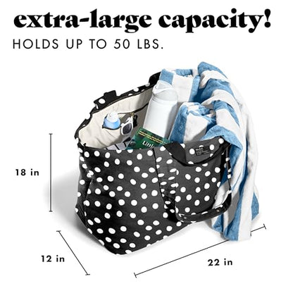 Fit & Fresh XL Beach Tote Bag for Women – XL Travel Tote with Zipper & Pockets, Oversized Canvas Pool Bag, Weekender Carry-On - color: B&w Dot