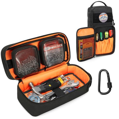 Rexmica Heavy Duty Small Tool Bag Storage with 2 Zipper Pouches, Multi-functional Tactical Molle Tool Organizer Case with Locking Carabiner for Camping, Road Trip, Electricians, EDC, Multimeter Case