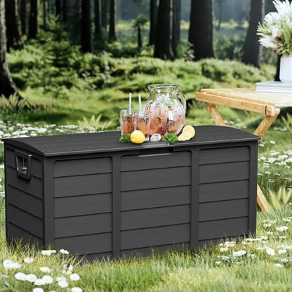 75 Gallon Outdoor Deck Storage Box - Heavy Duty Resin Container with Lockable Lid & Handles for Patio, Garden, Yard - Weatherproof (Black)