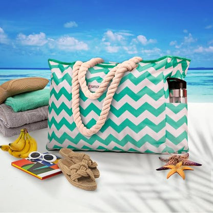 Beach Bag and Pool Bag Has Cooler Pocket, 7 Pockets Total, Zip Top. Family Size Waterproof Beach Tote - color: Turquoise Green Turtle