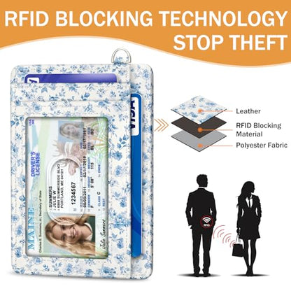 Yonlevres Credit Card Holder Slim Wallet Women, Floral Flowers RFID Blocking Small Front Pocket Travel Cute Thin ID Window PU Leather Mini Organizer Case Purse Gift Woman Girls Ladies - color: Floral Blue