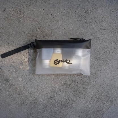 Gravel The Pouch | TSA Approved Clear Travel Toiletry Bag | Quart Size for Men & Women (Clear and Gray Script) - color: Clear and Gray Script