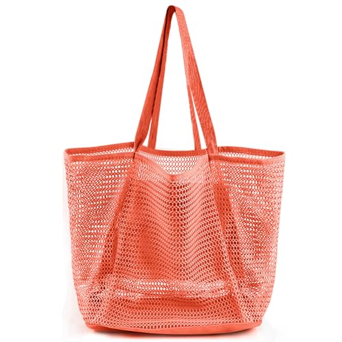 HOHOM Beach Bags for Women, Summer Travel Mesh Tote Bag with Large Inner Pocket, Sandproof Woven Shoulder Handbag - color: Spanish Red