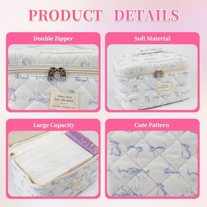 3PCS Coquette Makeup Bag，Quilted Cosmetic Bag Large Make Up Bag Set，Quilted Portable Toiletry Organizer Bag，Cotton Travel Skincare Bag for Women Girls (01-Blue Cat) - style: 01-blue Cat