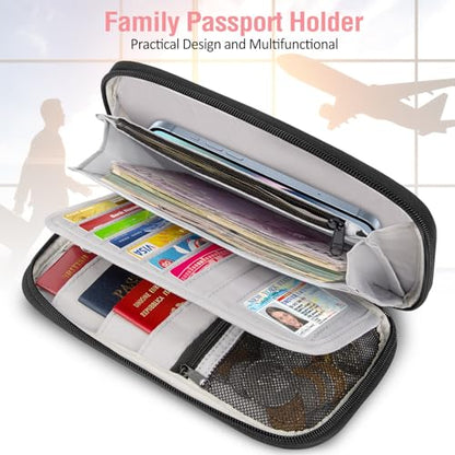 BKNOOU Family Passport Holder RFID Blocking Travel Document Organizer | Large Capacity (5 passports+13 cards), RFID Blocking, Air Travel Essentials, Detachable Wrist Strap and Shoulder Strap - color: 07 Pink